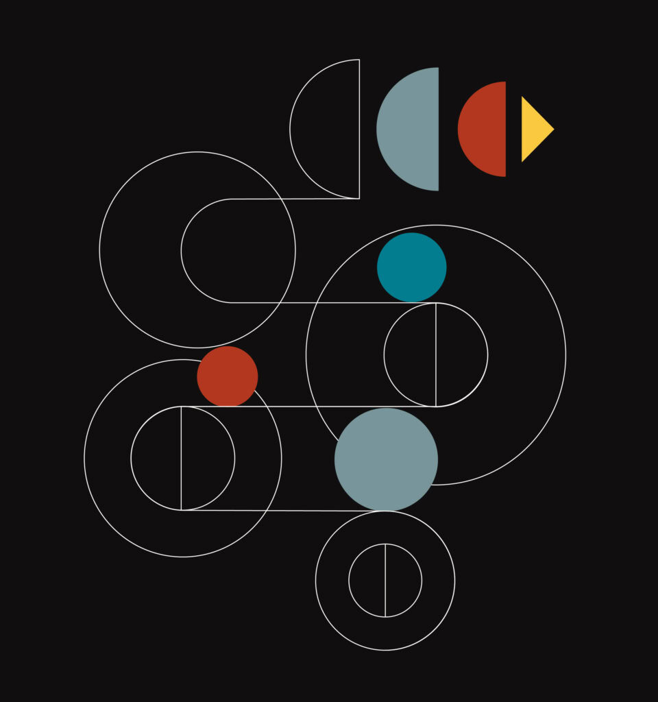 Abstract geometric art featuring intersecting white outlined circles and lines on a black background, with solid shapes in red, yellow, blue, and teal arranged to suggest a stylized bird and other forms.