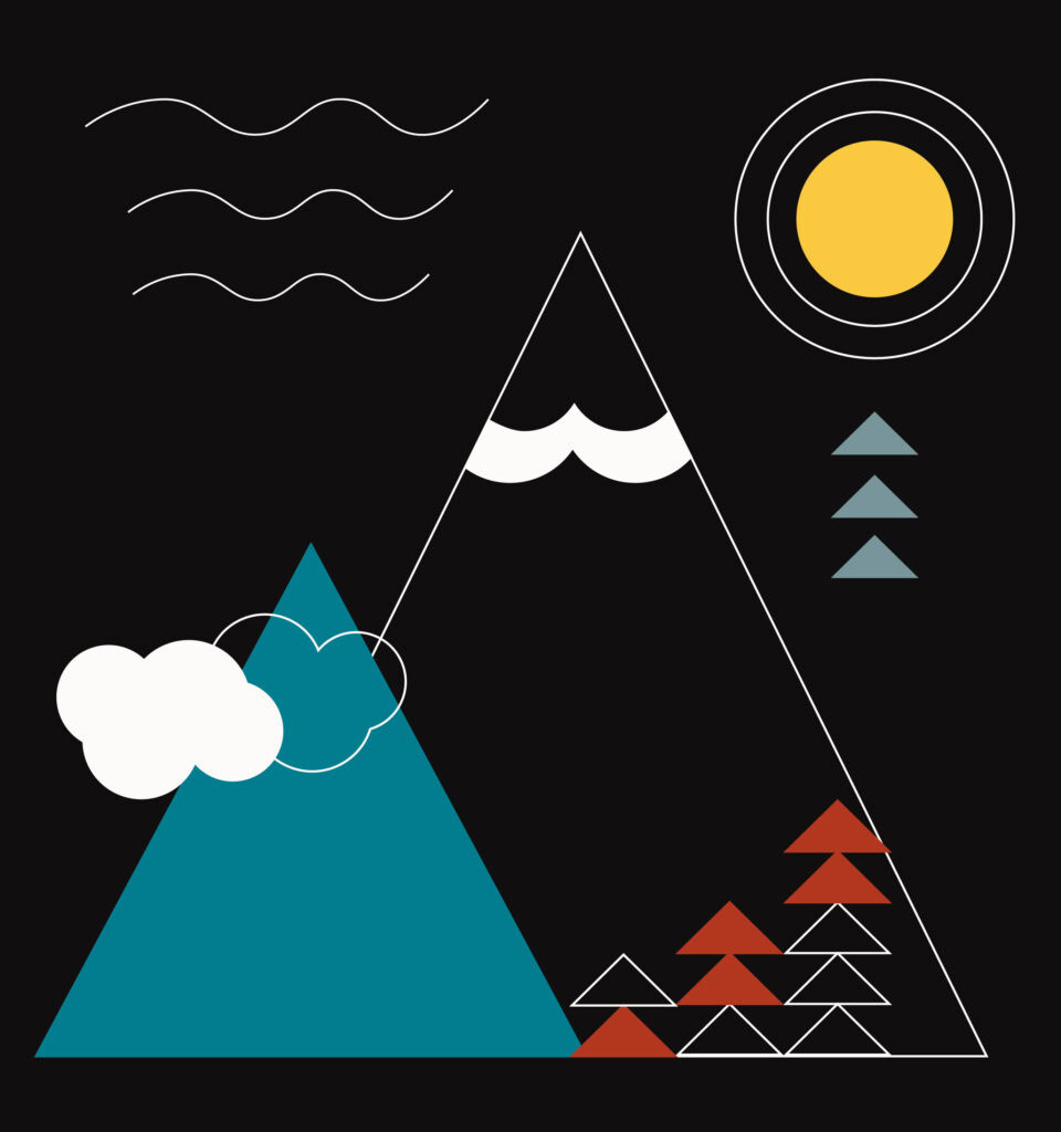 Minimalist illustration of two mountains, one blue and one outlined in white, with clouds, a yellow sun, wavy lines representing wind, and abstract triangles resembling trees on a black background.
