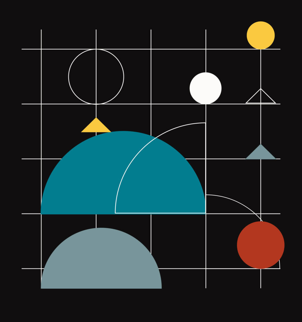 Abstract geometric design featuring circles, semicircles, triangles, and lines in yellow, white, teal, gray, and red set against a black background with a white grid overlay.