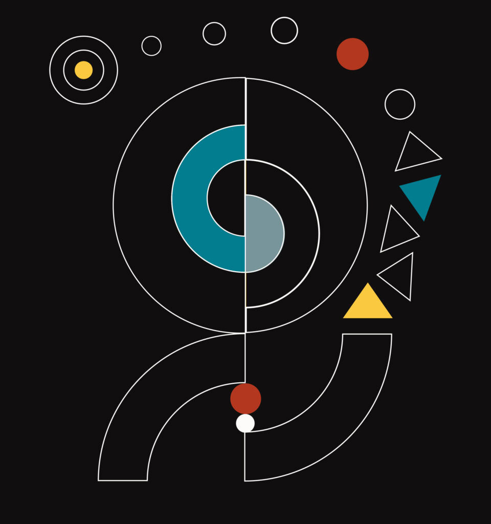 Abstract geometric design on a black background, featuring circles, triangles, and arcs in teal, gray, yellow, red, and white, arranged symmetrically with intersecting lines and shapes.